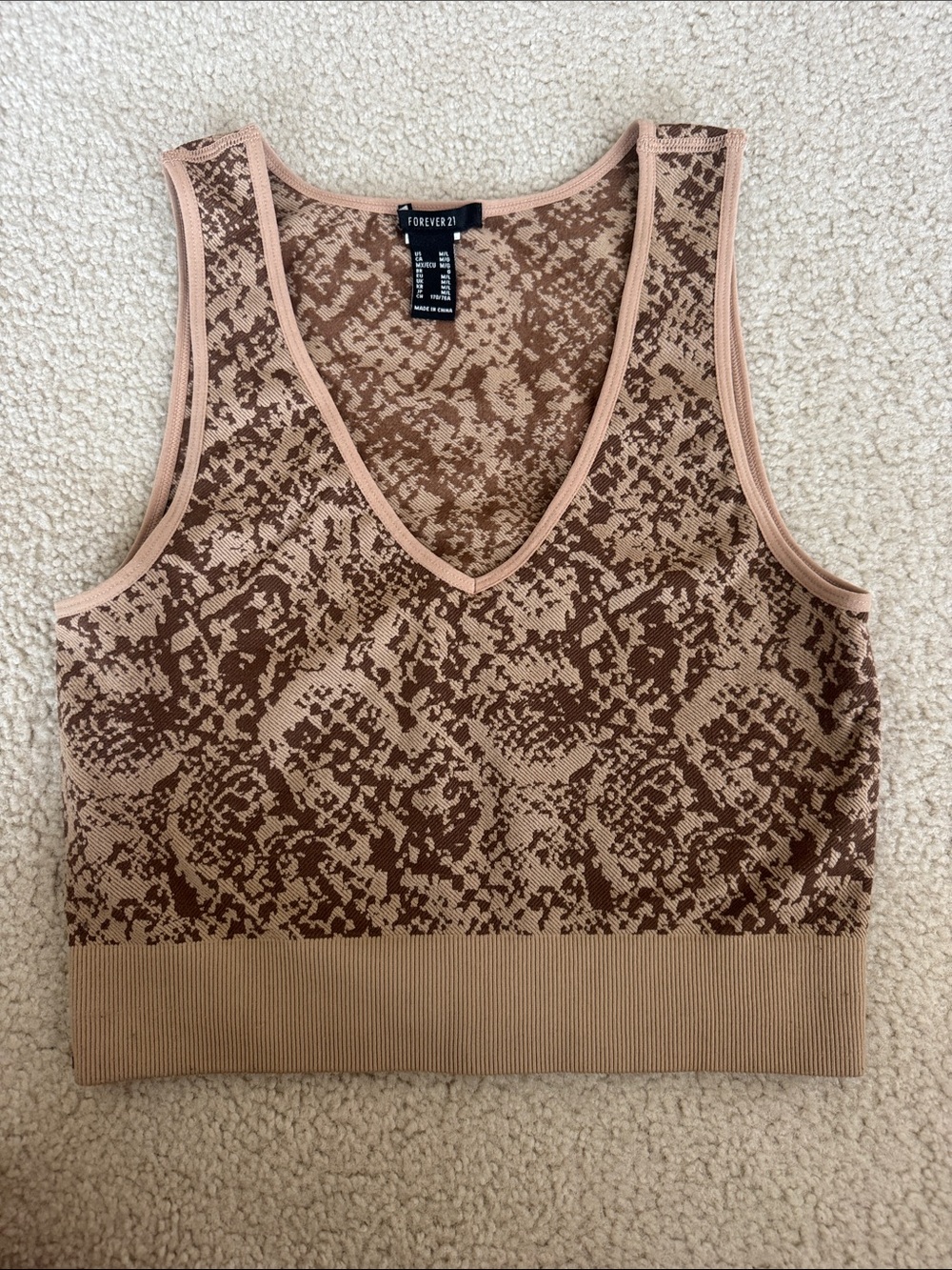 Forever 21 Tan and Brown Snake-Print V-Neck Knit Tank